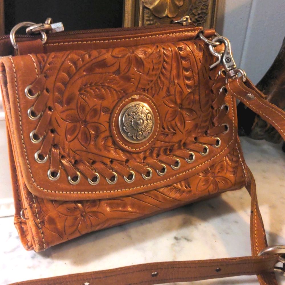 Western Style Crossbody Bag with Embossed Design and Long Strap - Picture 3 of 12